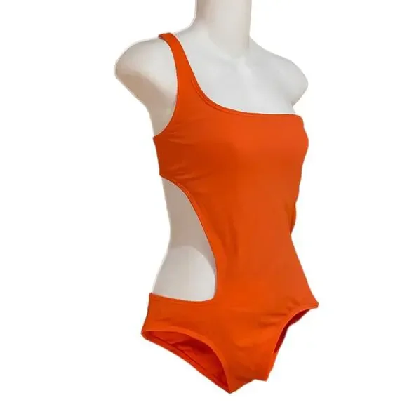 DKNY Womens Size 10 Orange One Shoulder Open sided One Piece Swimsuit - Picture 2 of 8